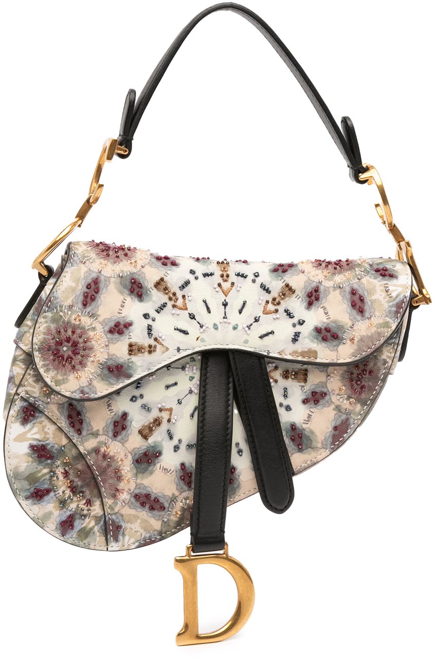 Dior Mini Calfskin Kaleidiorscopic Embroidered Saddle Bag Bruin
