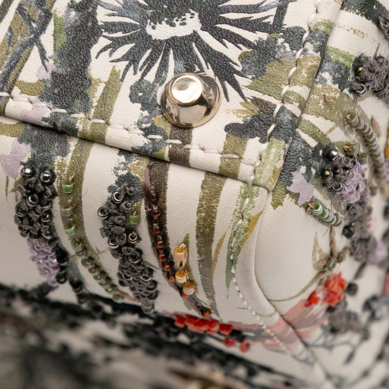 Dior Mini Calfskin Beaded Embroidered Jardin Naturel Lady Dior Wit