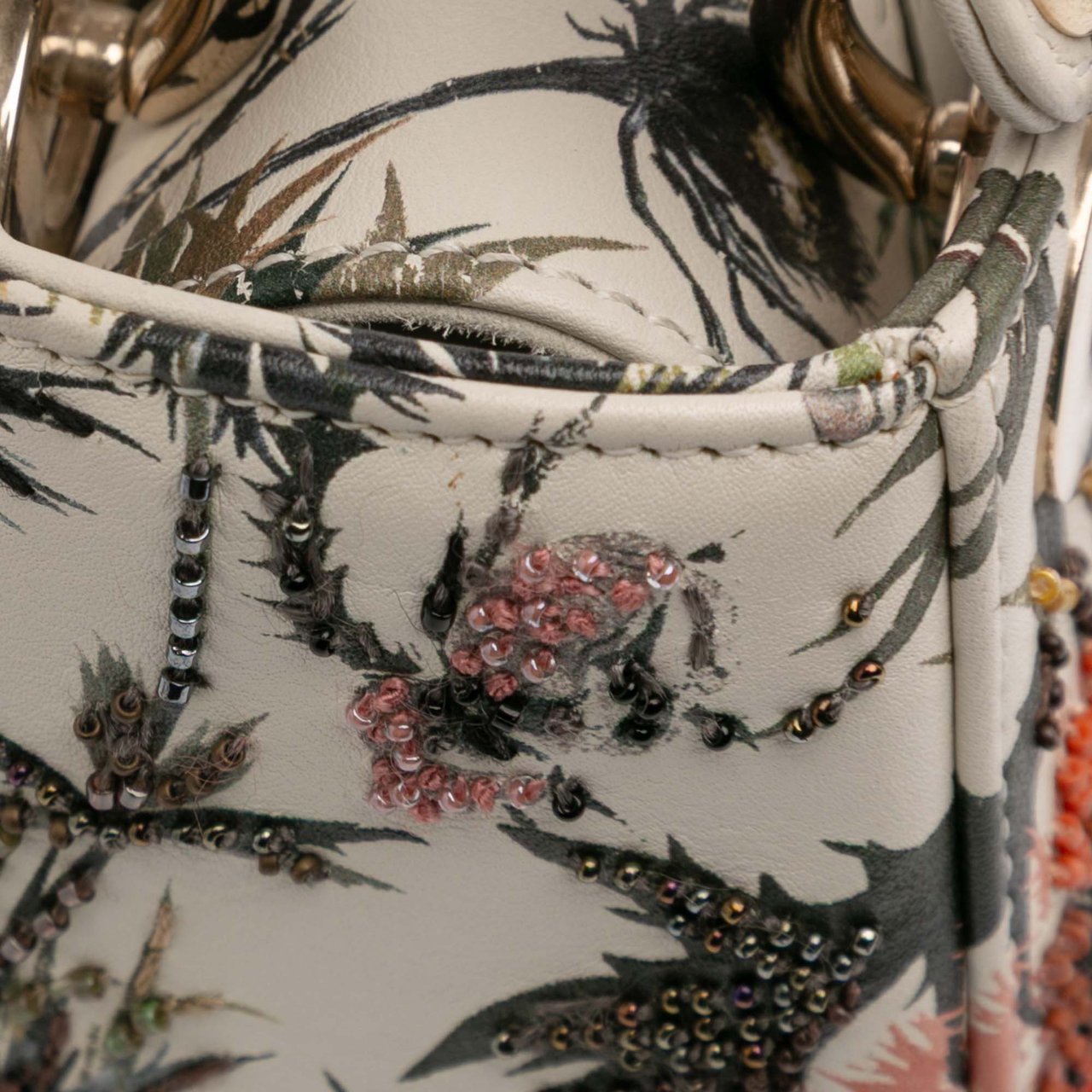 Dior Mini Calfskin Beaded Embroidered Jardin Naturel Lady Dior Wit