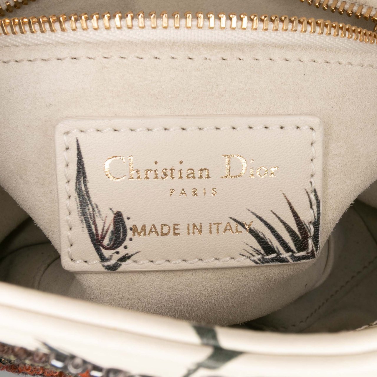 Dior Mini Calfskin Beaded Embroidered Jardin Naturel Lady Dior Wit
