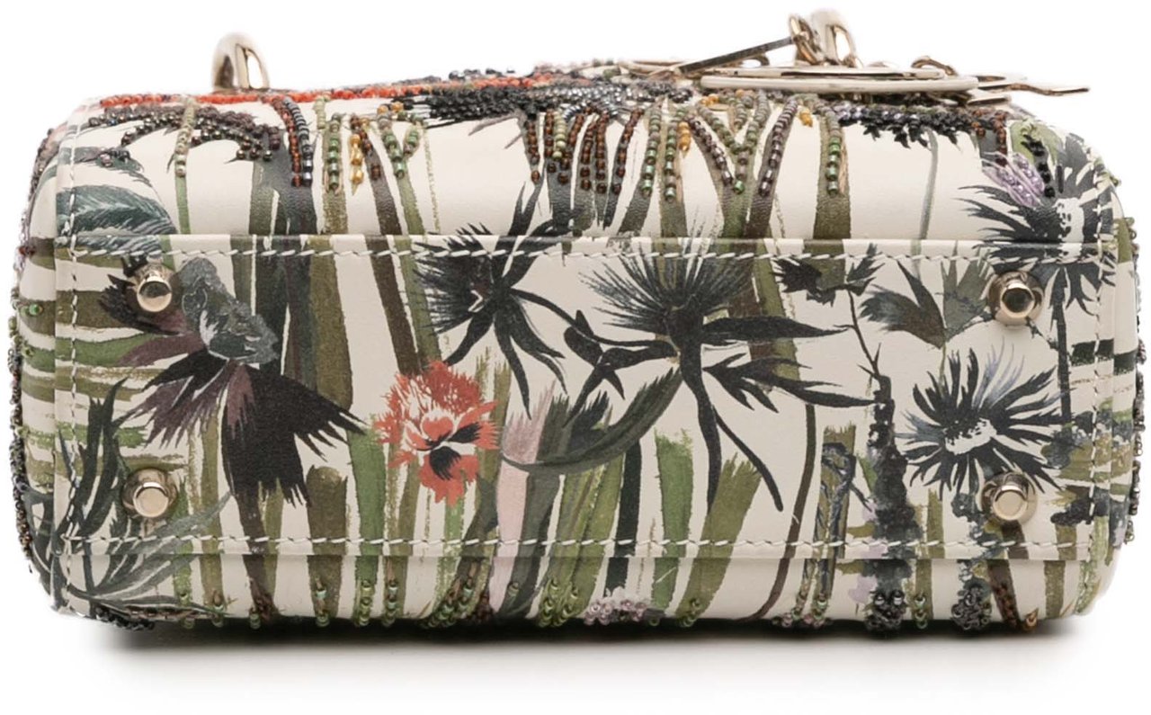 Dior Mini Calfskin Beaded Embroidered Jardin Naturel Lady Dior Wit