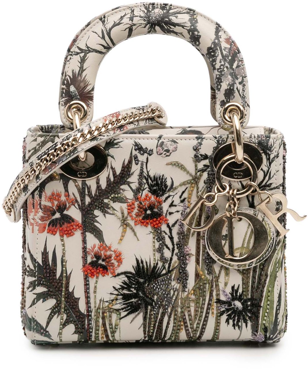Dior Mini Calfskin Beaded Embroidered Jardin Naturel Lady Dior Wit