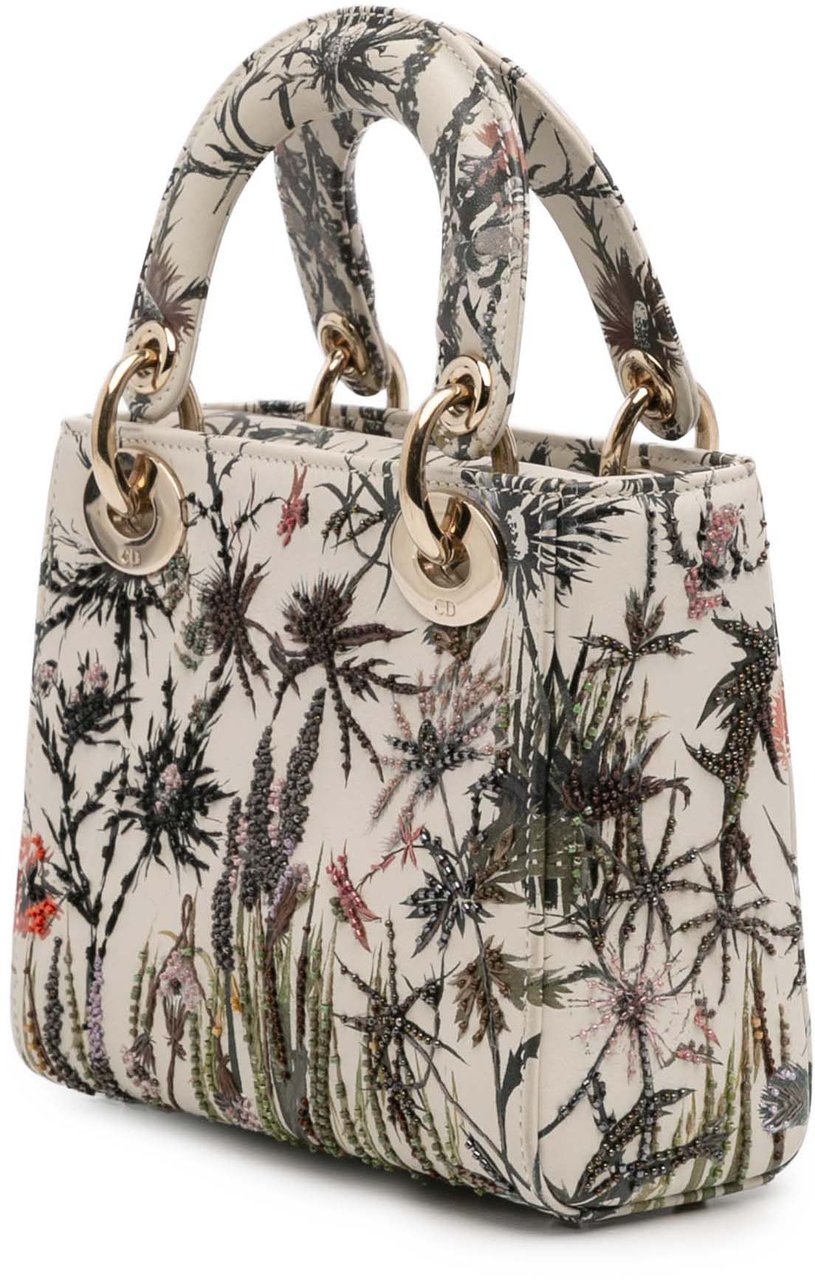 Dior Mini Calfskin Beaded Embroidered Jardin Naturel Lady Dior Wit