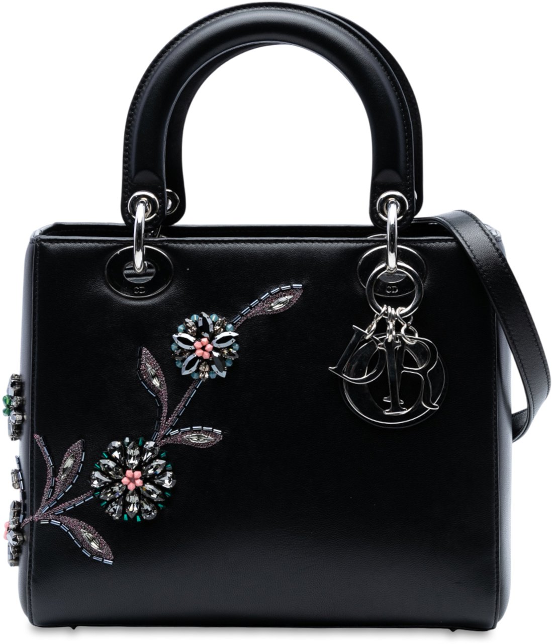 Dior Medium Smooth Calfskin Embroidered Beaded Floral Lady Dior Zwart