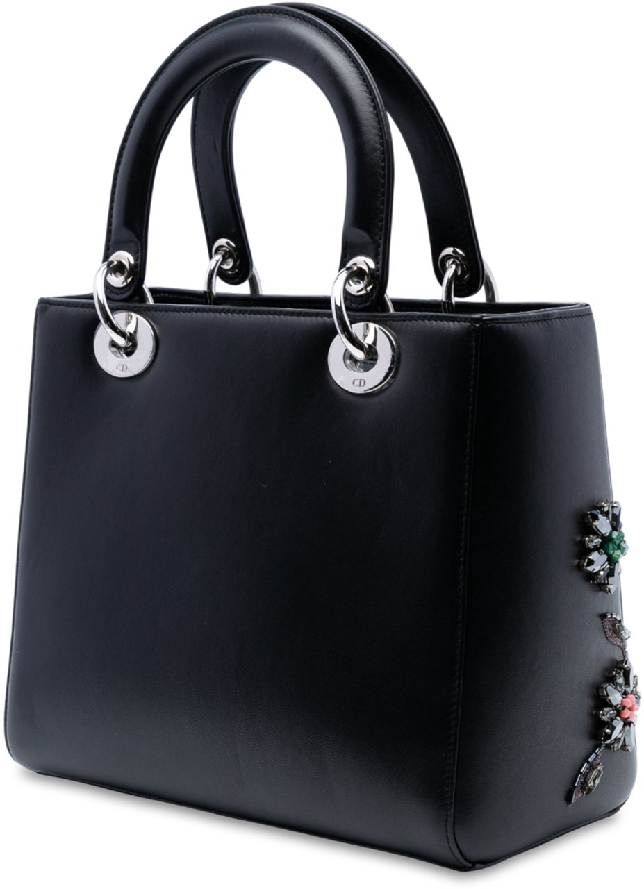 Dior Medium Smooth Calfskin Embroidered Beaded Floral Lady Dior Zwart