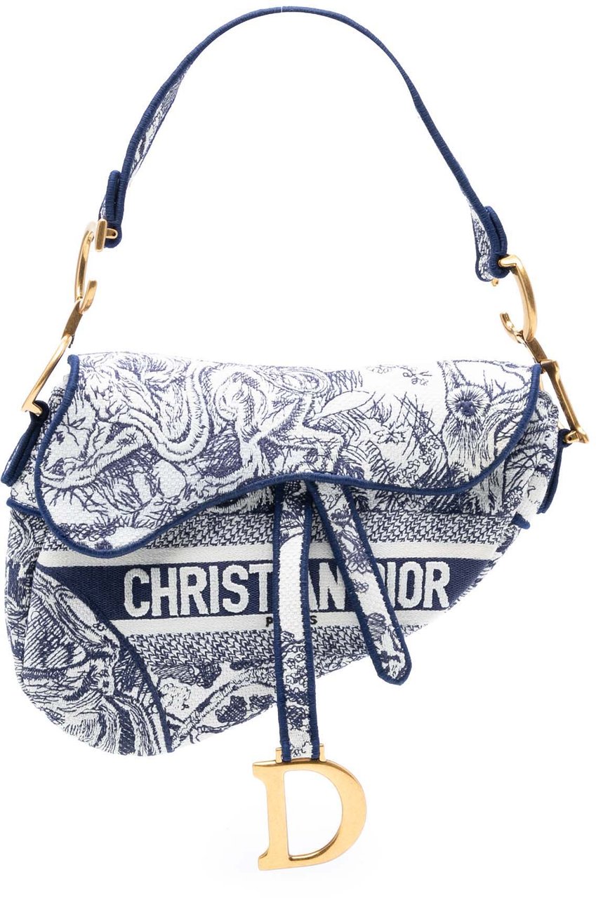 Dior Canvas Embroidered Toile de Jouy Saddle Bag Blauw