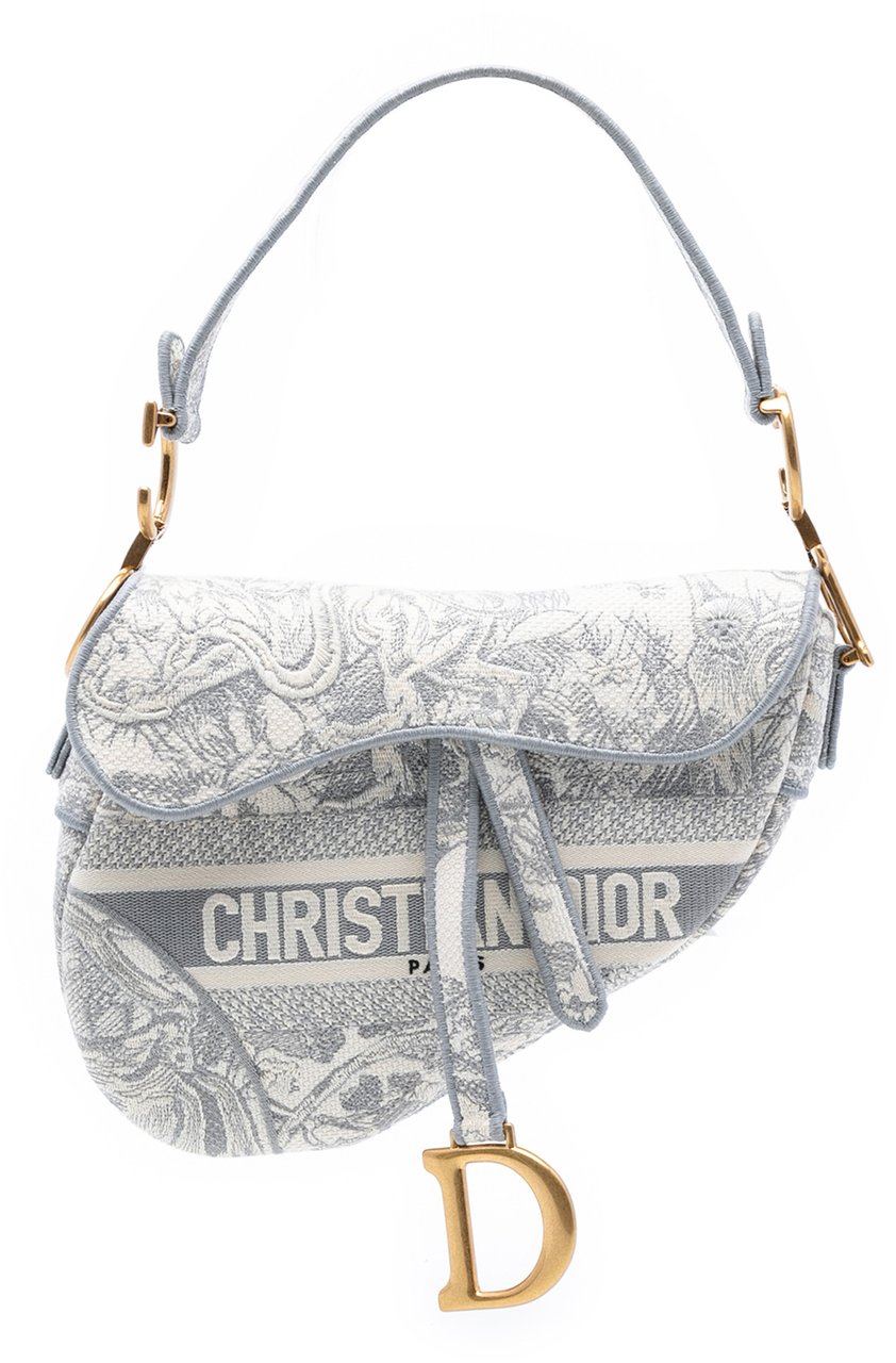 Dior Canvas Embroidered Toile de Jouy Saddle Bag Grijs