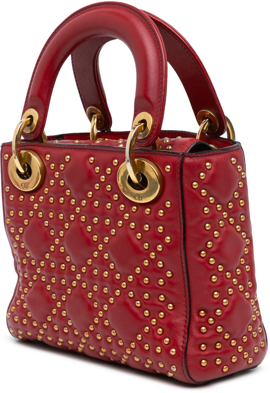 Dior Mini Lambskin Cannage Studded Supple Lady Dior Rood