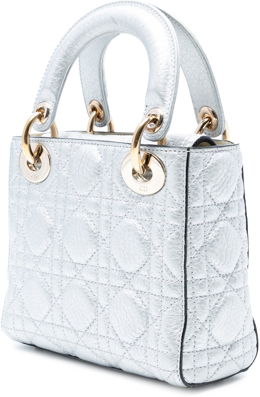 Dior Mini Metallic Grained Calfskin Cannage Lady Dior Zilver