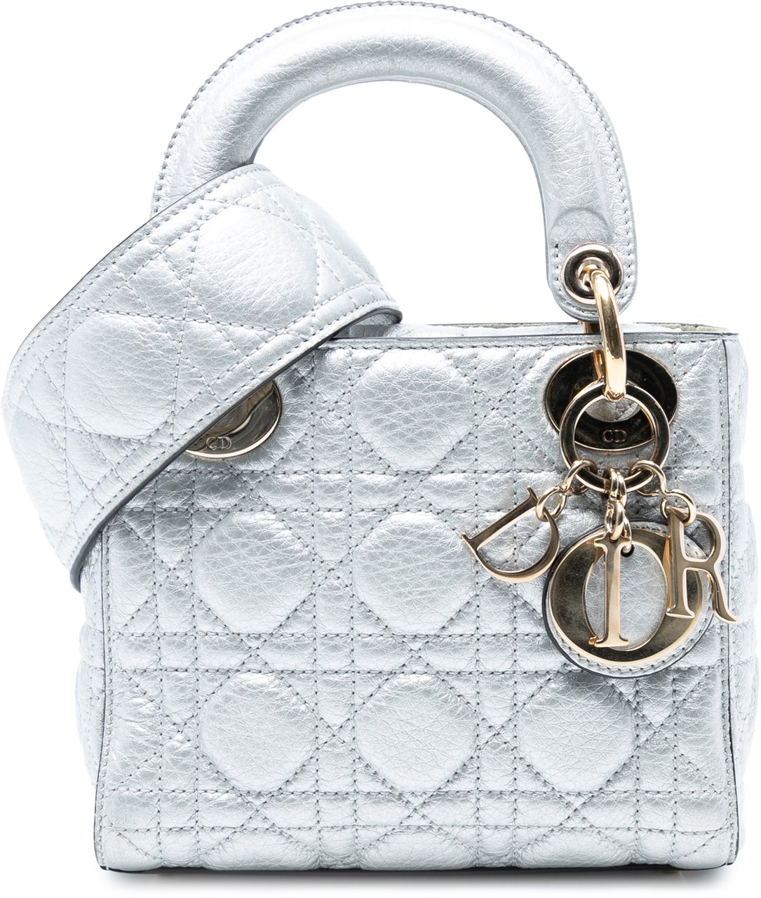 Dior Mini Metallic Grained Calfskin Cannage Lady Dior Zilver