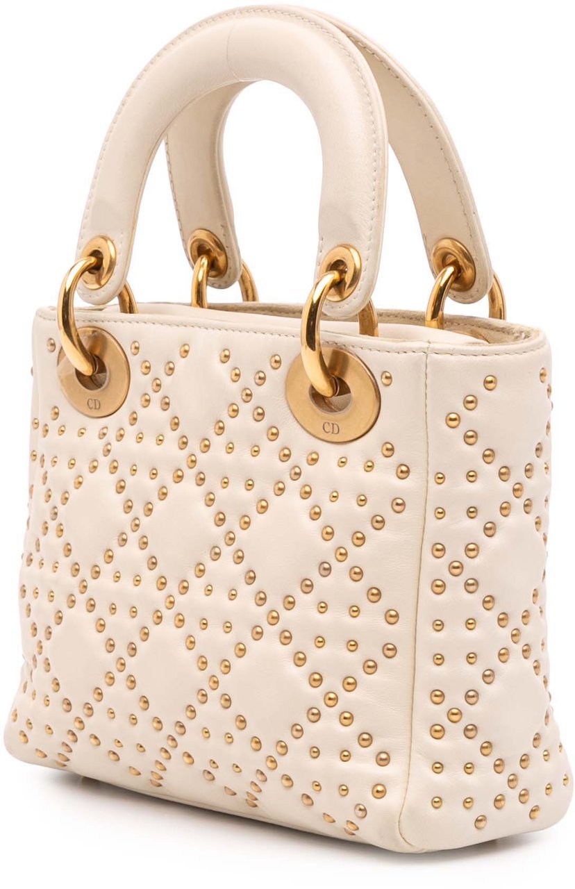Dior Mini Lambskin Cannage Studded Supple Lady Dior Wit