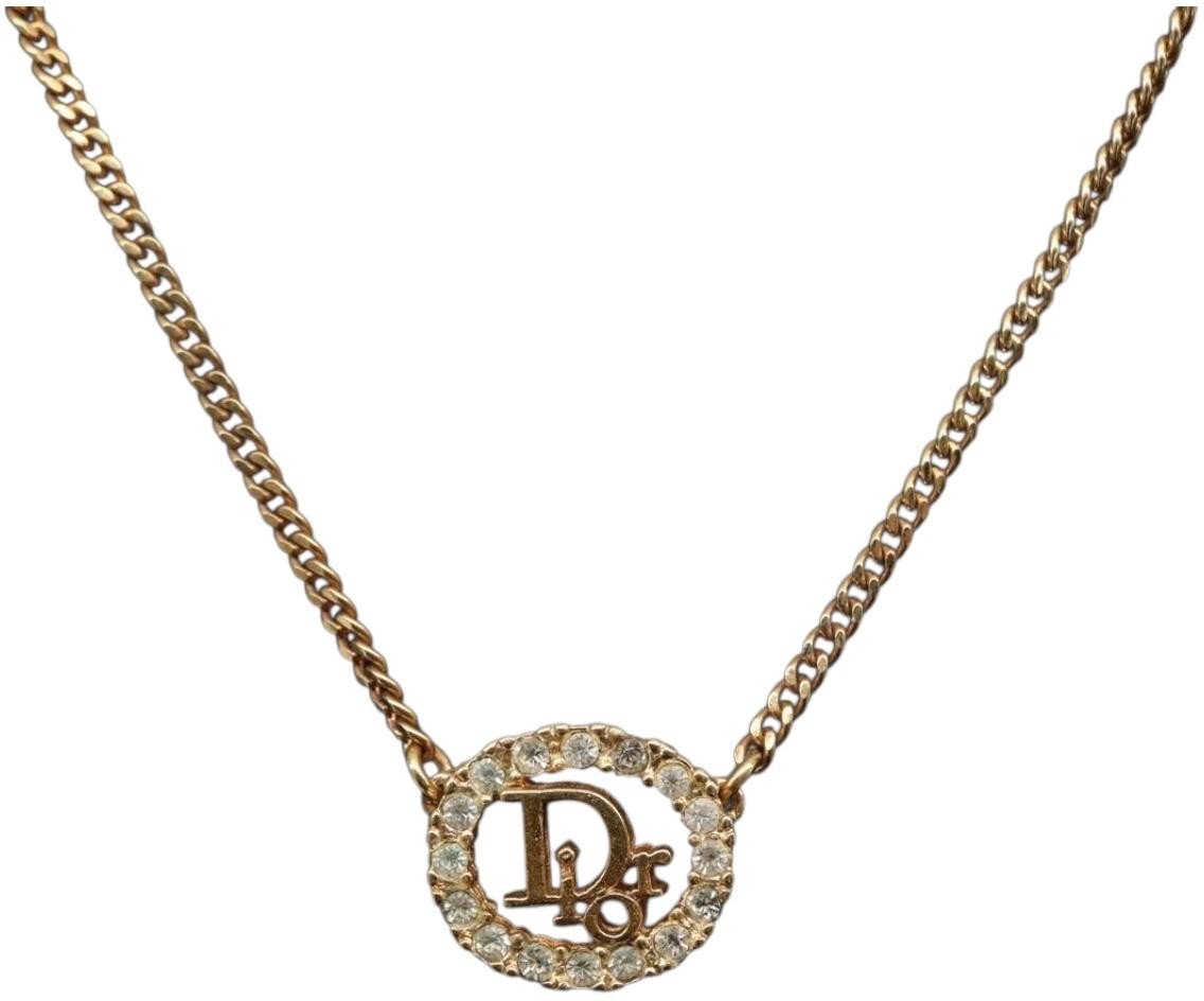 Dior Christian Dior Vintage Logo Round Pendant Necklace Metal and Crystals Goud