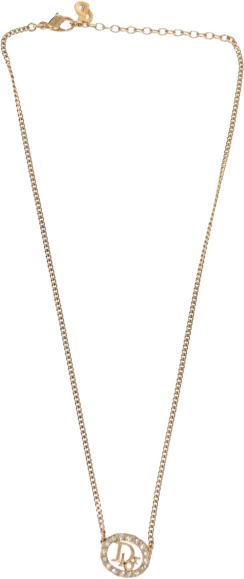 Dior Christian Dior Vintage Logo Round Pendant Necklace Metal and Crystals Goud