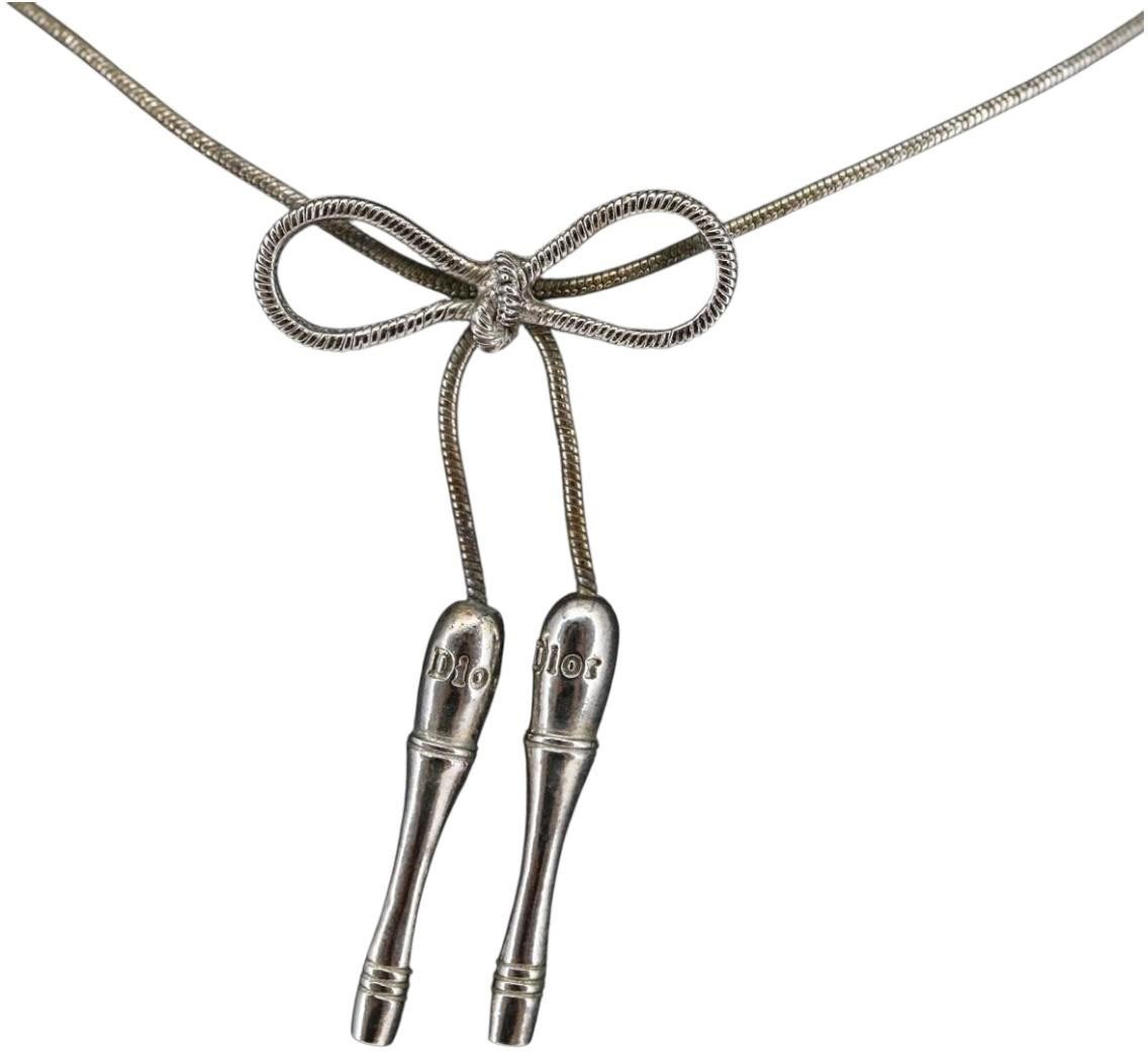Dior Christian Dior Bow CD Pendant Necklace Metal with Crystal Zilver