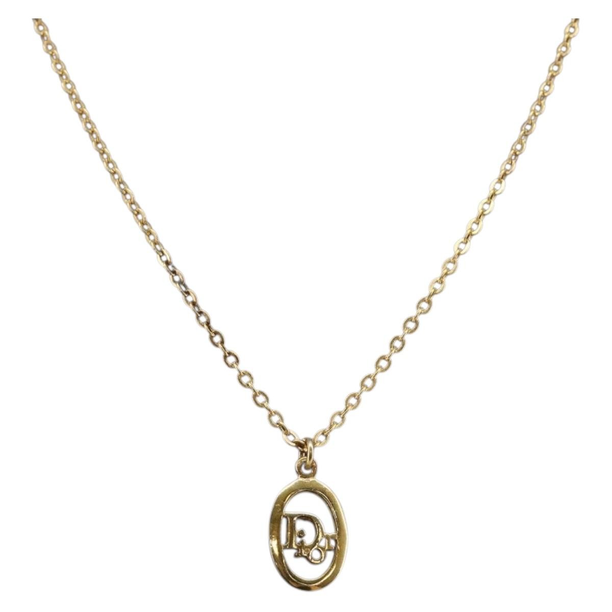 Dior Christian Dior Round Logo Pendant Necklace Metal Goud