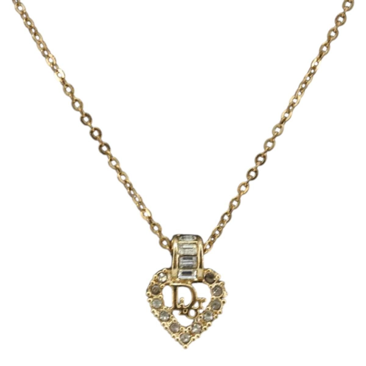 Dior Christian Dior Logo Heart Pendant Necklace Metal with Crystal Goud