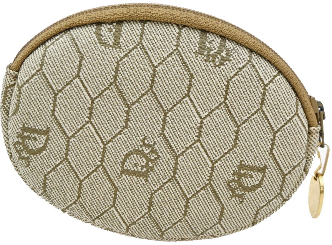 Dior Christian Dior Honeycomb Zip Coin Purse Canvas and Leather Beige