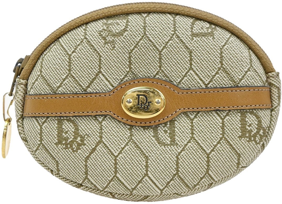 Dior Christian Dior Honeycomb Zip Coin Purse Canvas and Leather Beige