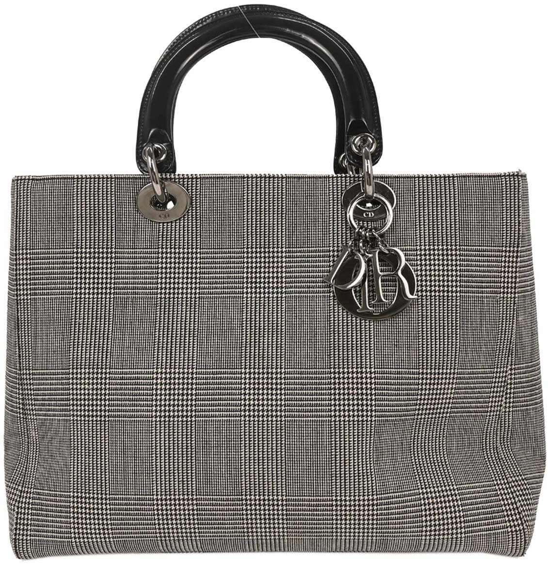 Dior Christian Dior Vintage Lady Dior Bag Houndstooth Canvas Medium Zwart