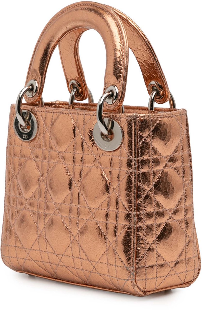 Dior Mini Metallic Crinkled Calfskin Cannage Lady Dior Bruin