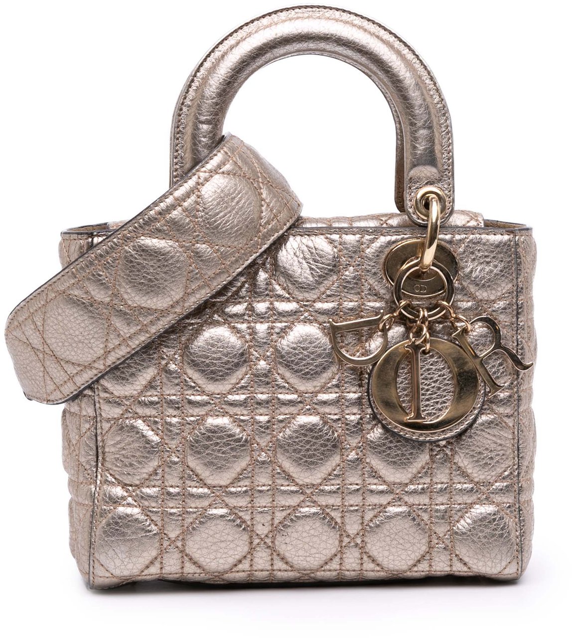 Dior Small Metallic Grained Calfskin Cannage Supple Lady Dior Goud