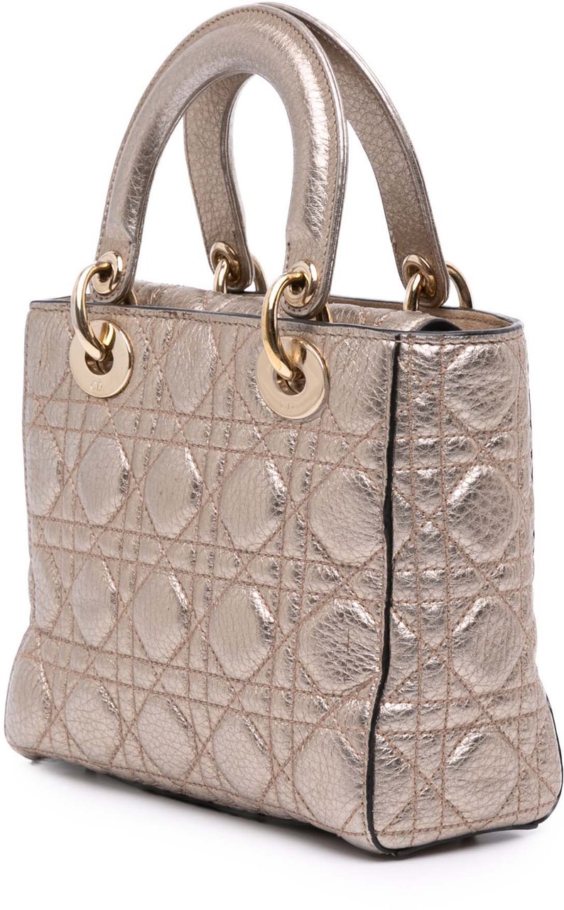 Dior Small Metallic Grained Calfskin Cannage Supple Lady Dior Goud