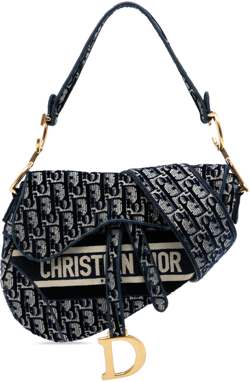Dior Oblique Embroidered Velvet Saddle Bag Blauw