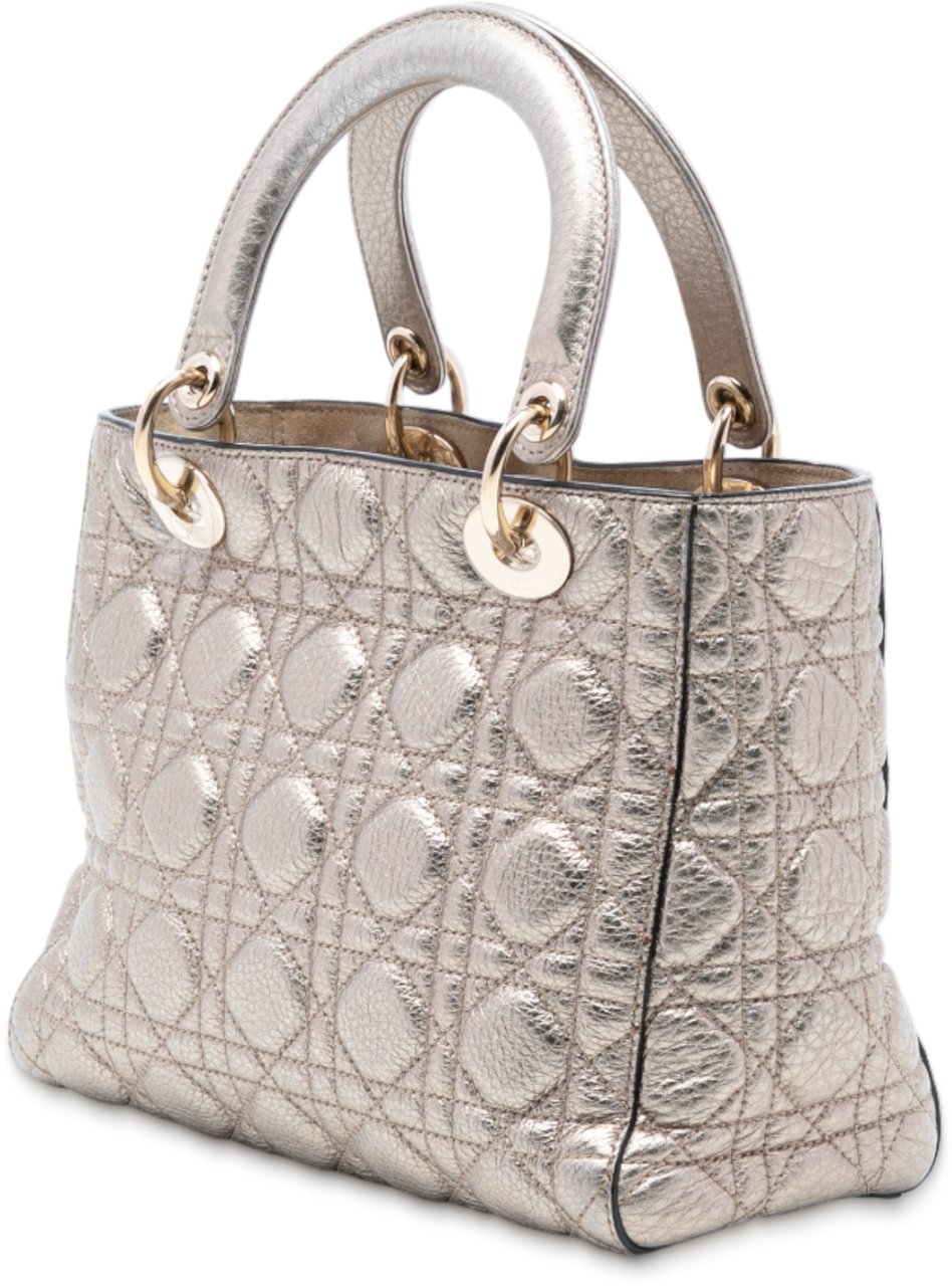 Dior Medium Metallic Grained Calfskin Cannage Supple Lady Dior Goud