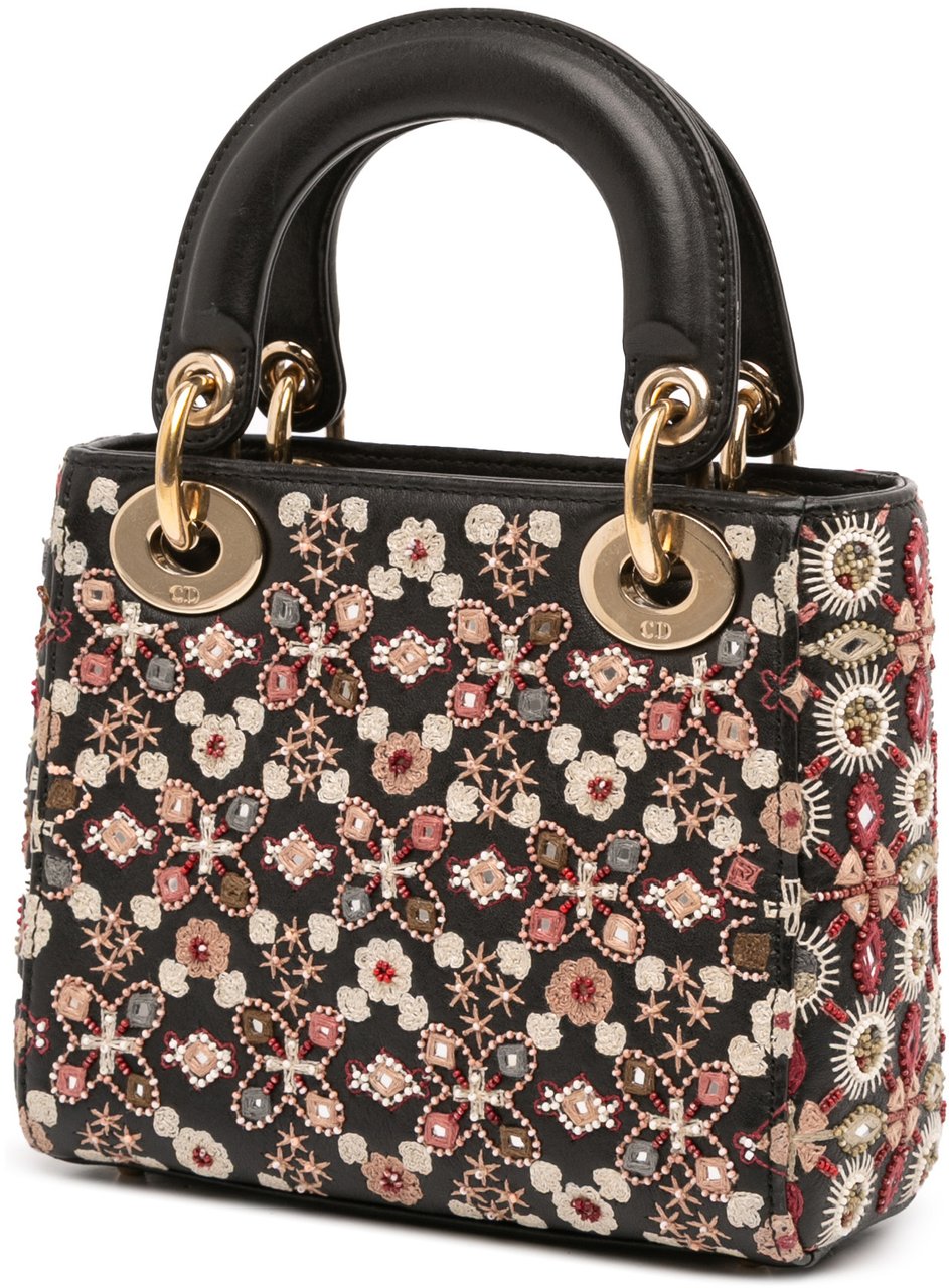 Dior Mini Calfskin Beaded Embroidered Lady Dior Zwart