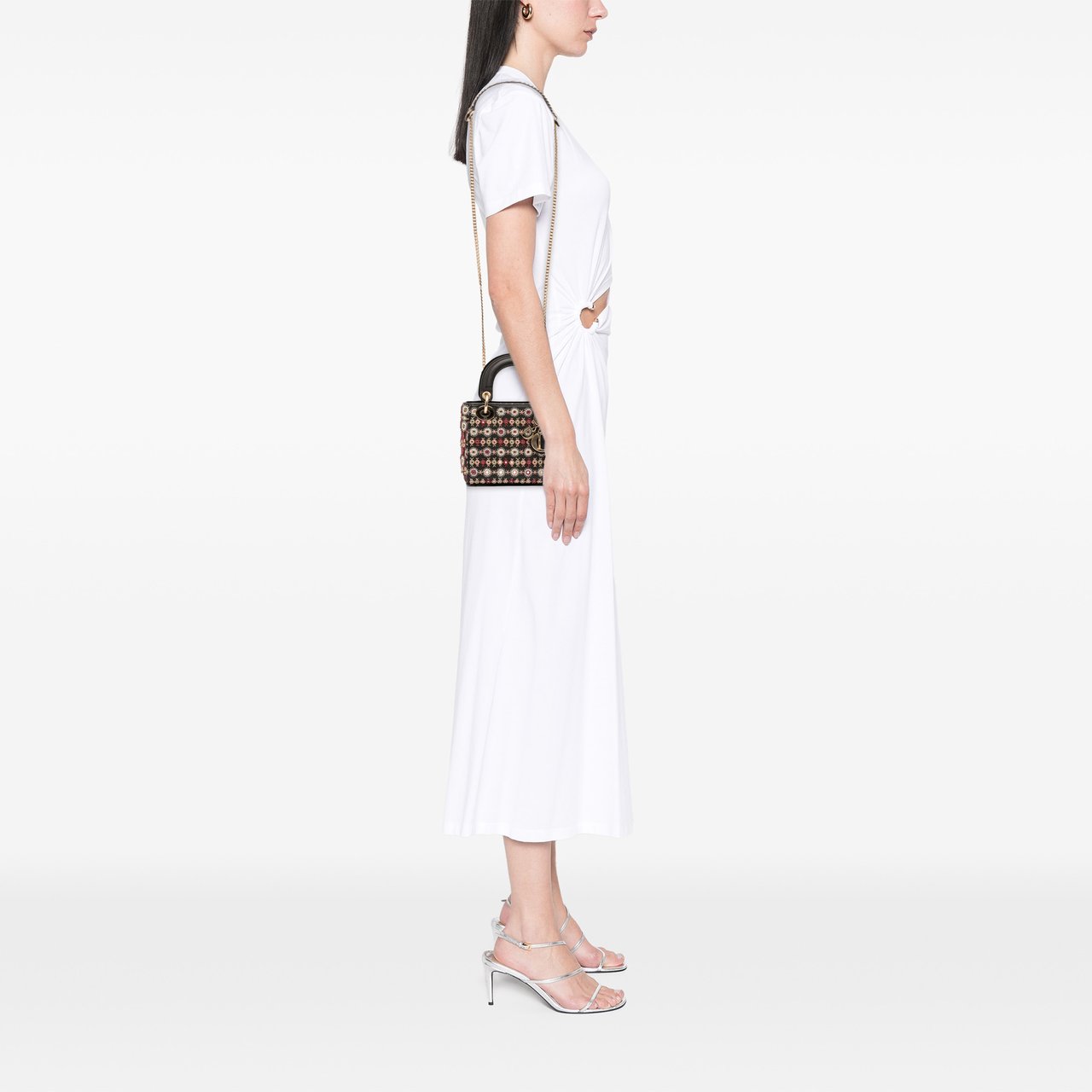 Dior Mini Calfskin Beaded Embroidered Lady Dior Zwart