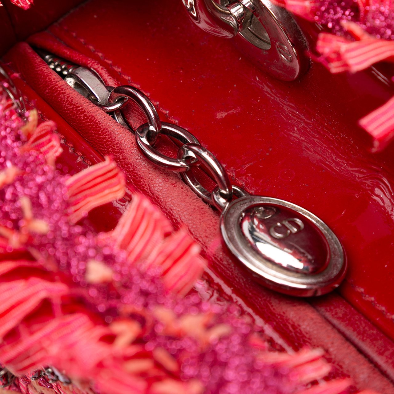 Dior Medium Tweed Fringe Rhinestone Lady Dior Rood