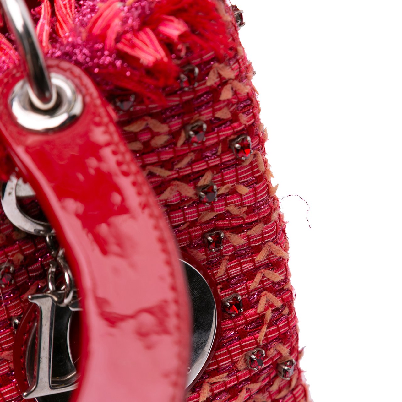 Dior Medium Tweed Fringe Rhinestone Lady Dior Rood