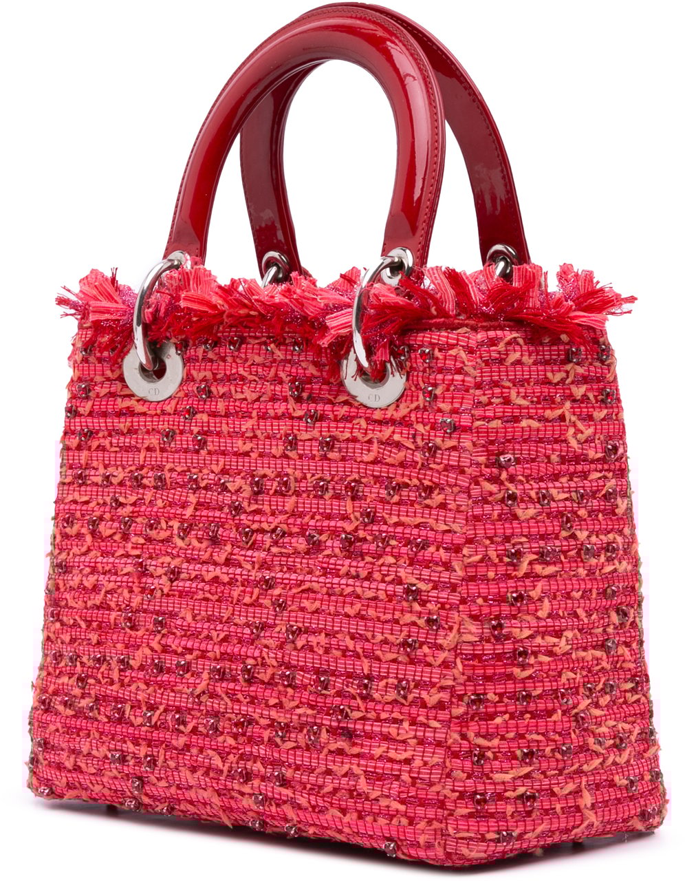 Dior Medium Tweed Fringe Rhinestone Lady Dior Rood