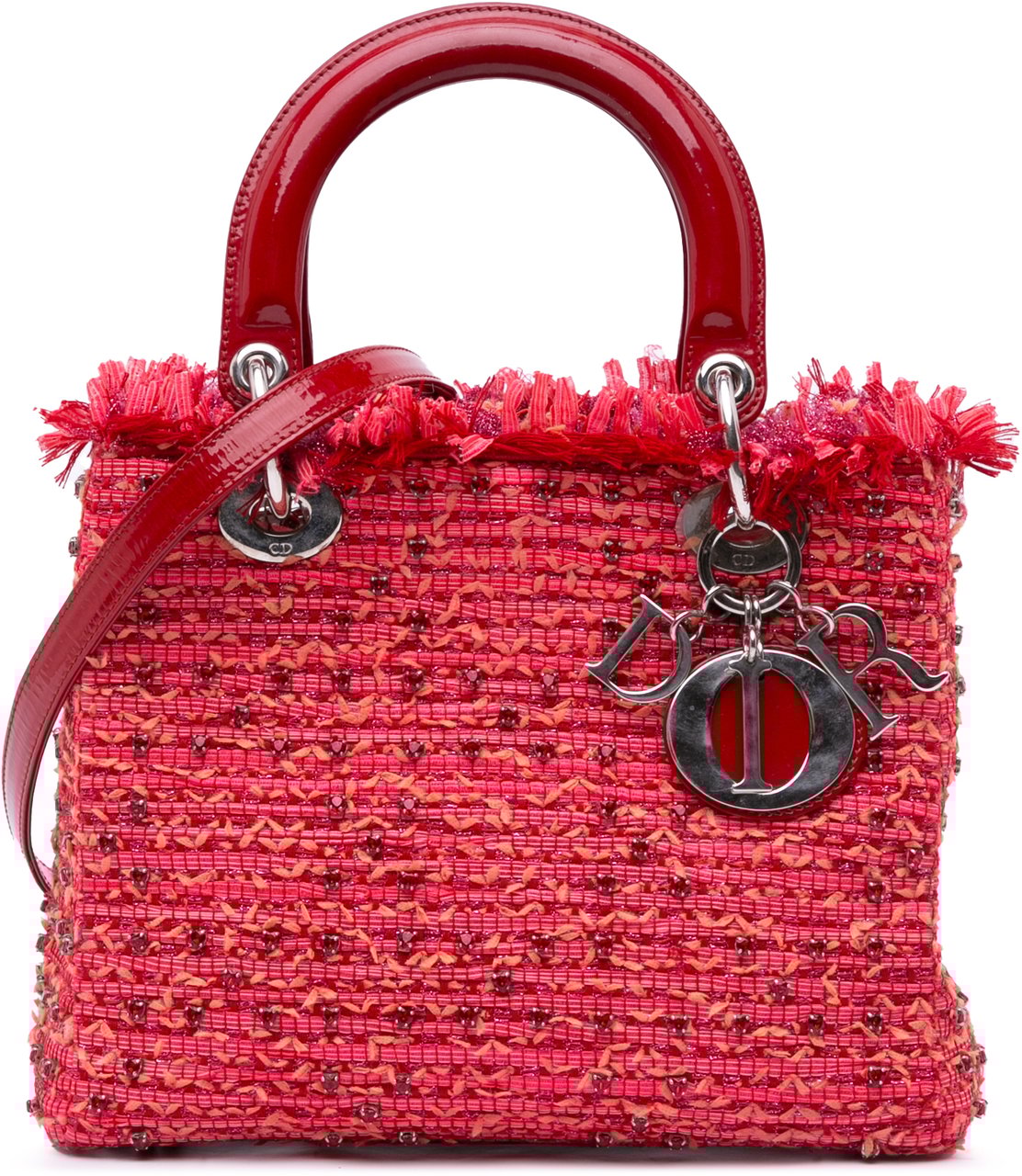 Dior Medium Tweed Fringe Rhinestone Lady Dior Rood