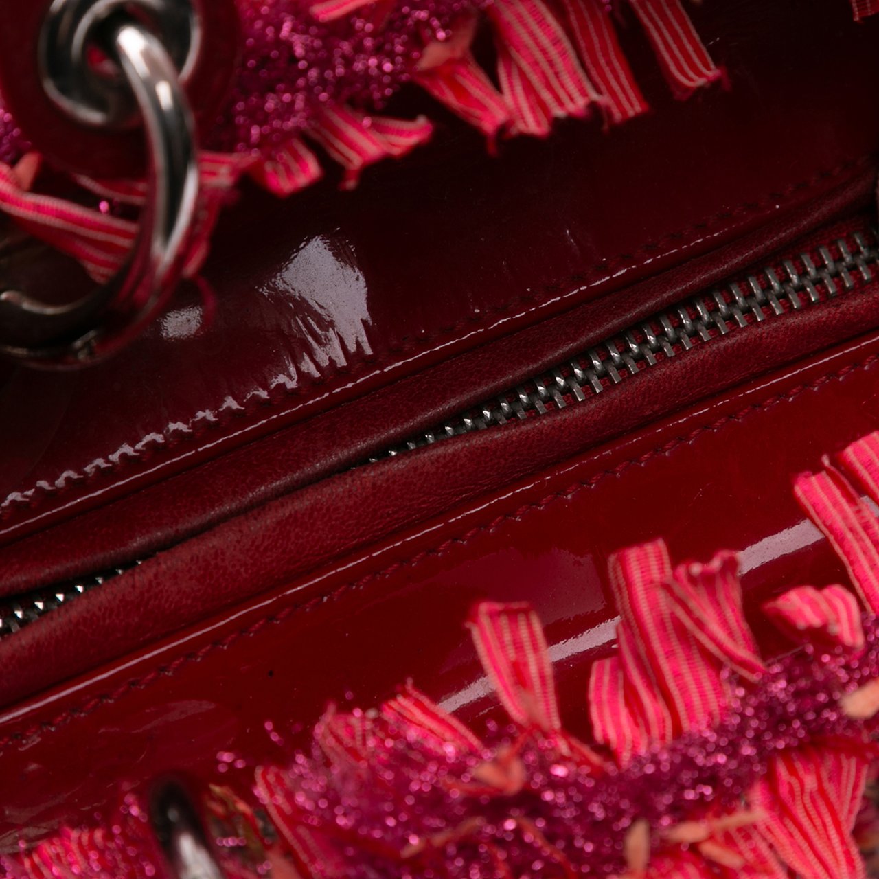 Dior Medium Tweed Fringe Rhinestone Lady Dior Rood