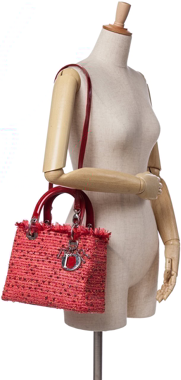 Dior Medium Tweed Fringe Rhinestone Lady Dior Rood