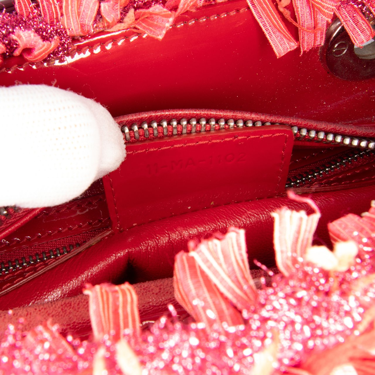 Dior Medium Tweed Fringe Rhinestone Lady Dior Rood