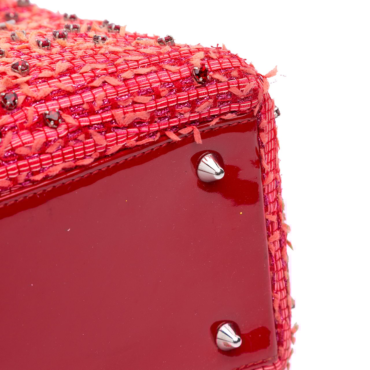 Dior Medium Tweed Fringe Rhinestone Lady Dior Rood