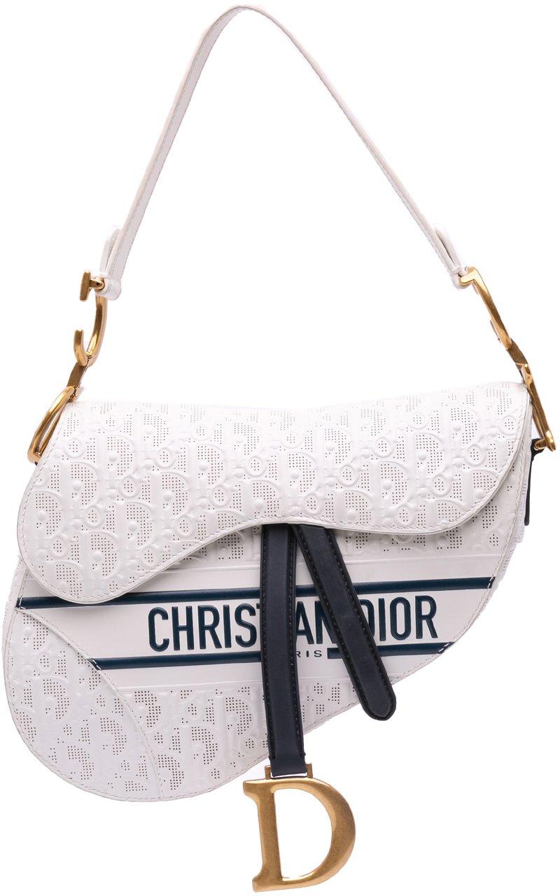 Dior Perforated Oblique Embossed Calfskin Saddle Bag Wit