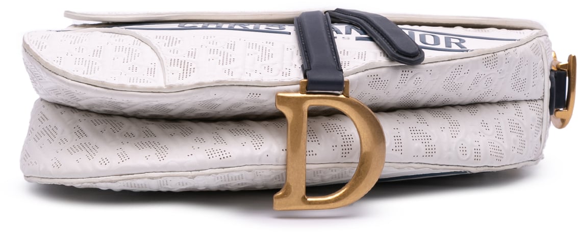 Dior Perforated Oblique Embossed Calfskin Saddle Bag Wit
