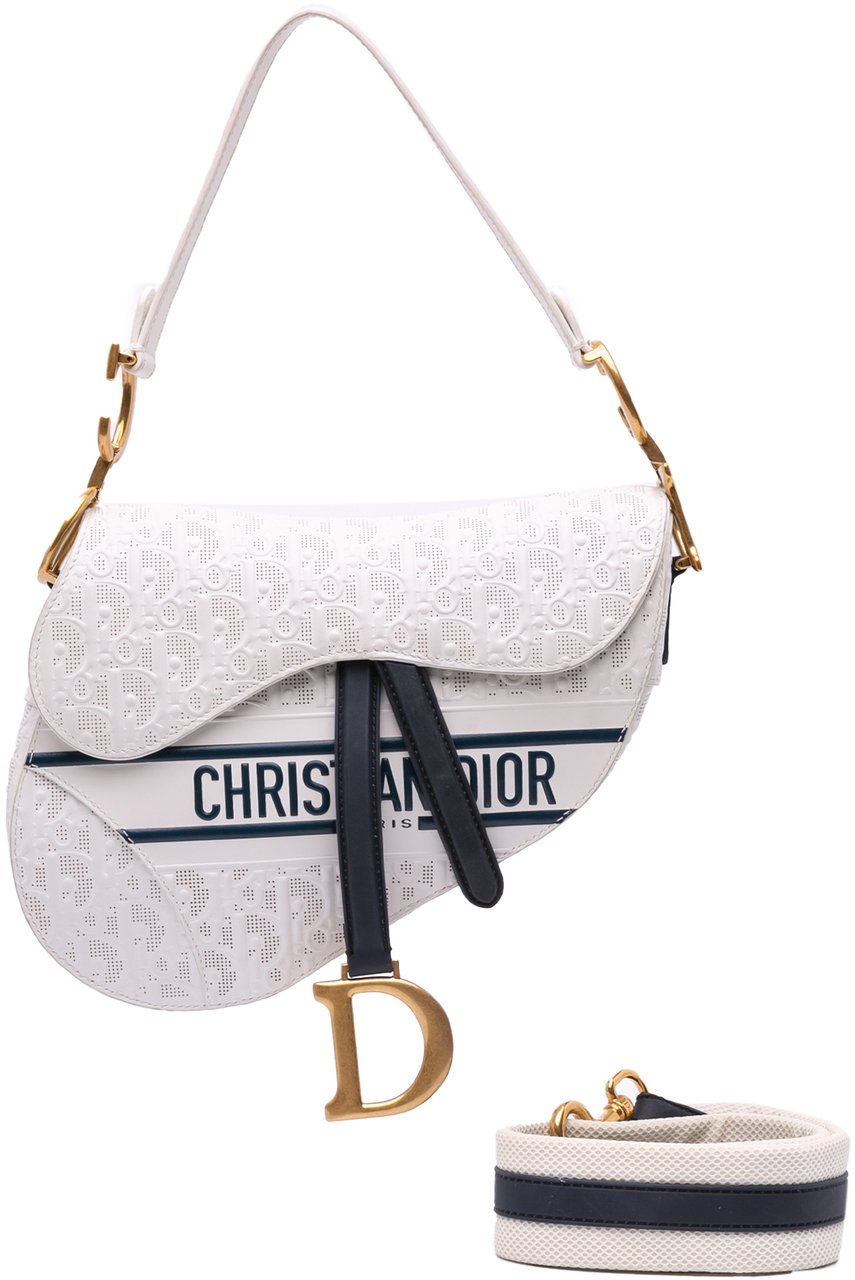 Dior Perforated Oblique Embossed Calfskin Saddle Bag Wit