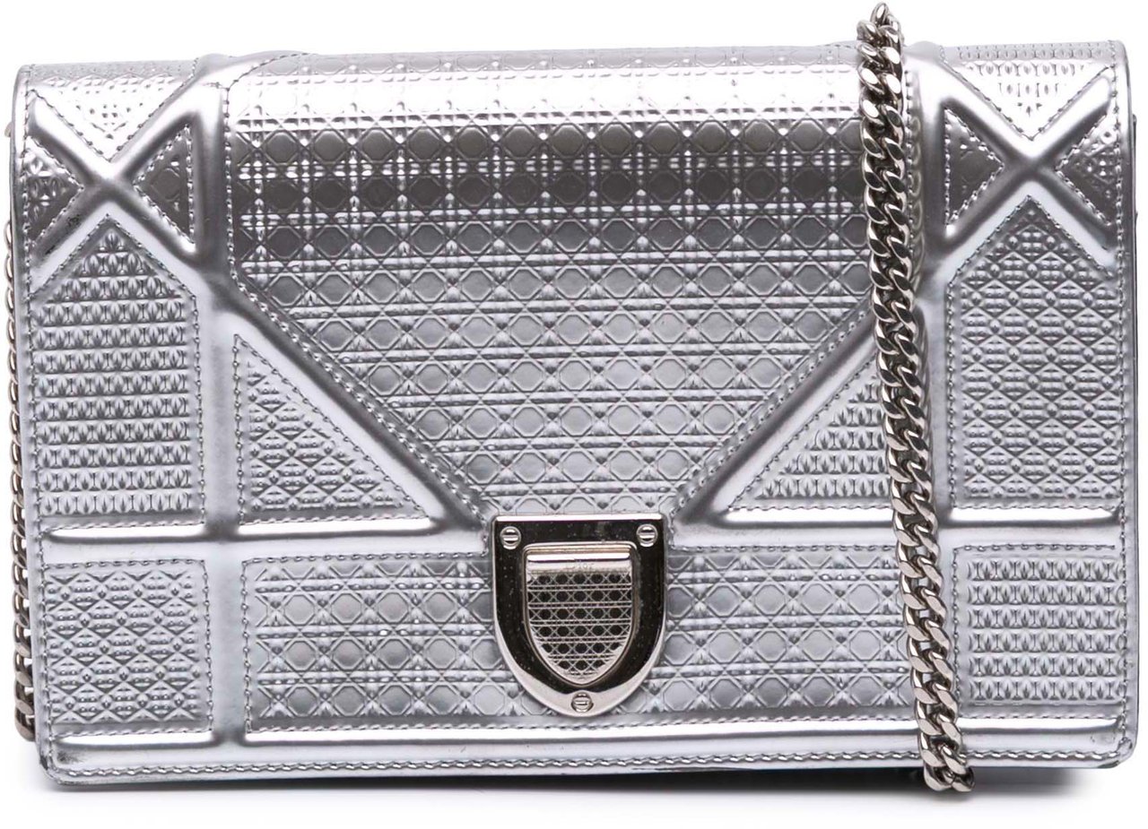 Dior Metallic Patent Microcannage Diorama Wallet on Chain Zilver