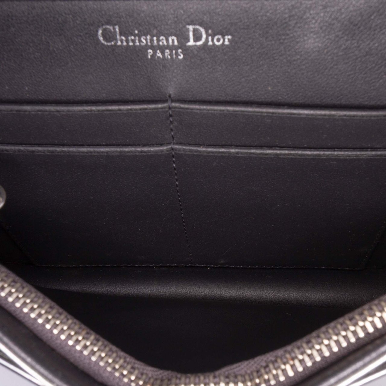Dior Metallic Patent Microcannage Diorama Wallet on Chain Zilver