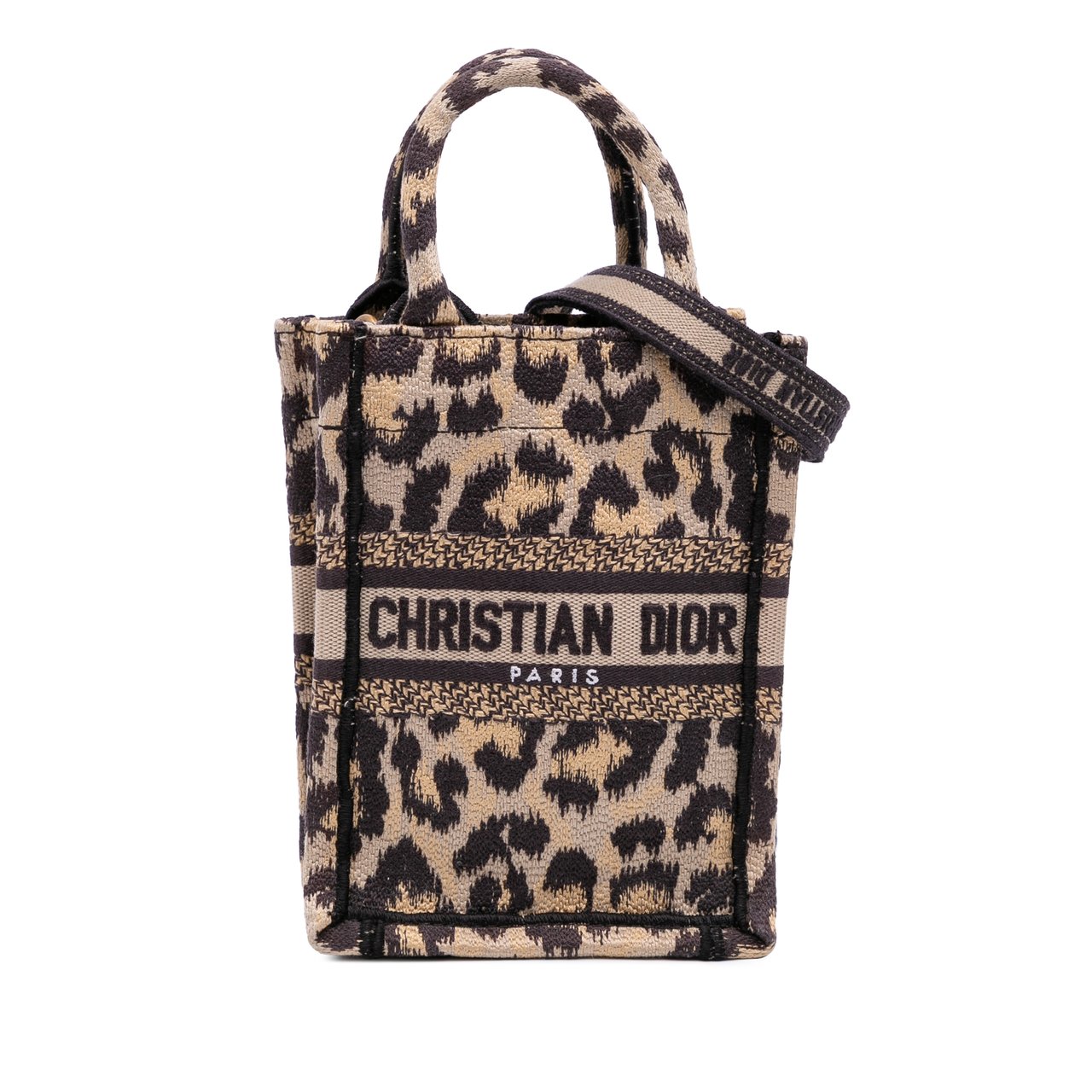 Dior Mizza Mini Embroidered Canvas Leopard Vertical Book Tote Bruin