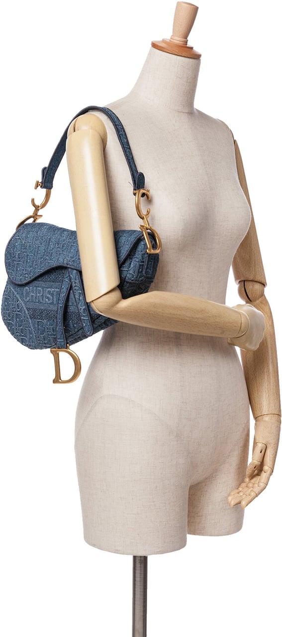 Dior Oblique Denim Embroidered Saddle Bag Blauw