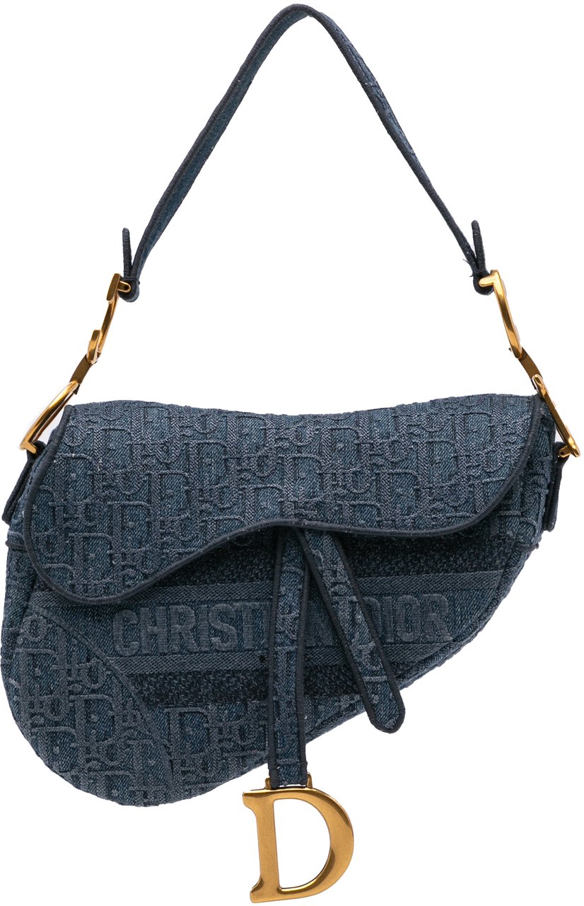 Dior Oblique Denim Embroidered Saddle Bag Blauw
