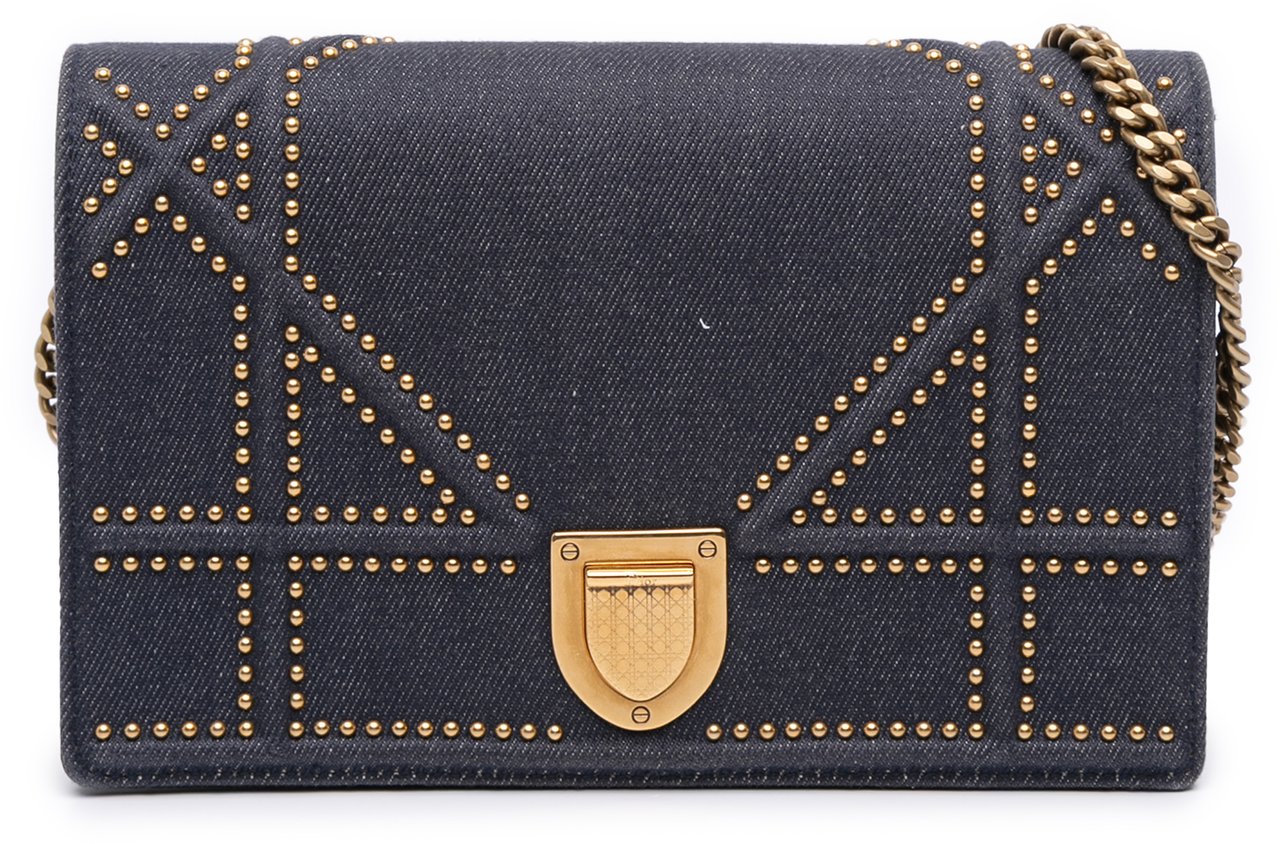 Dior Studded Denim Diorama Wallet on Chain Blauw