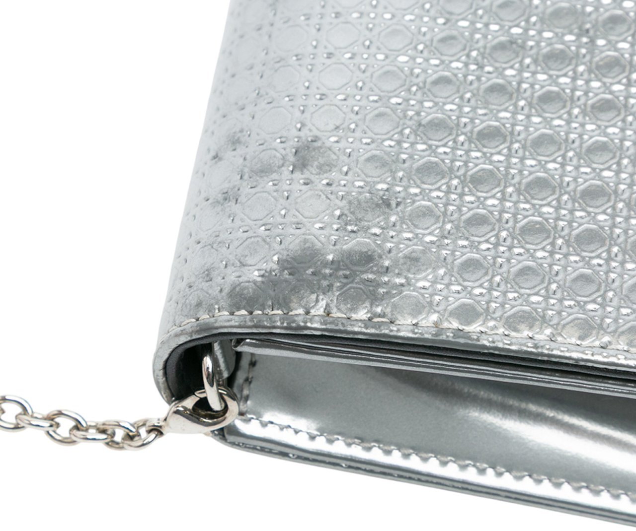 Dior Metallic Patent Microcannage Lady Dior Croisiere Chain Clutch Zilver
