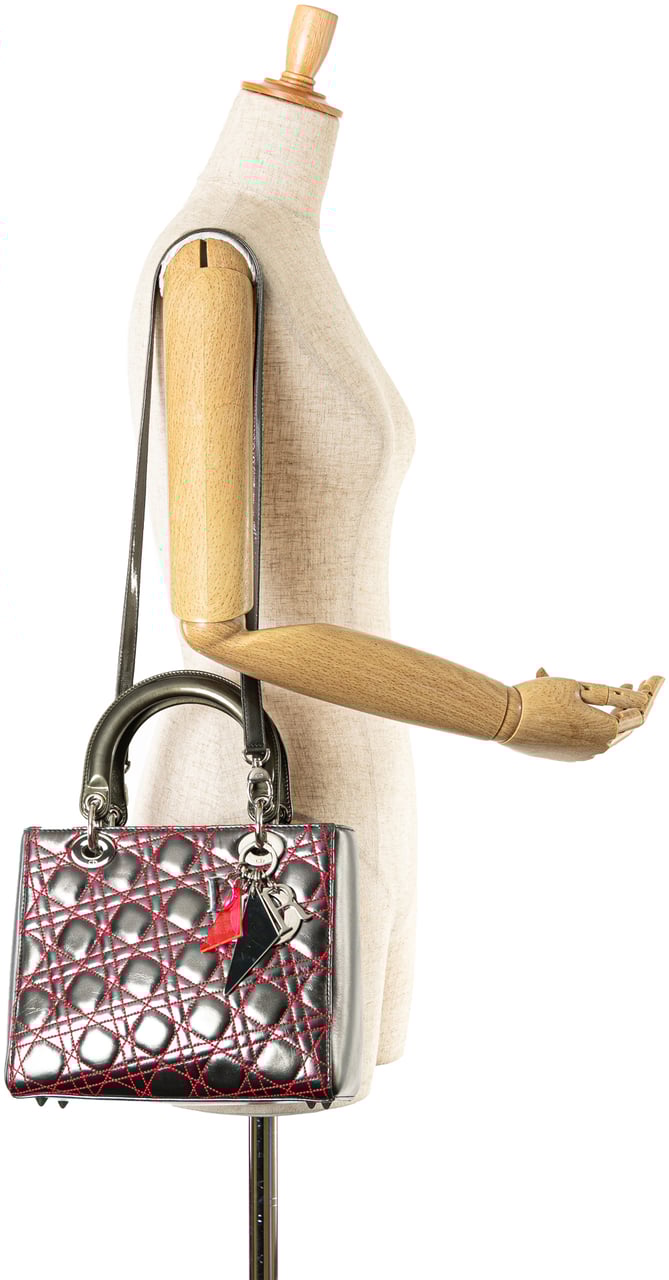 Dior Anselm Reyle Medium Metallic Lambskin Cannage Lady Dior Grijs