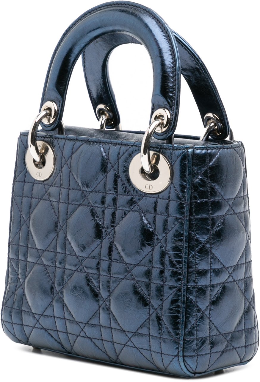 Dior Mini Crinkled Calfskin Cannage Lady Dior Blauw